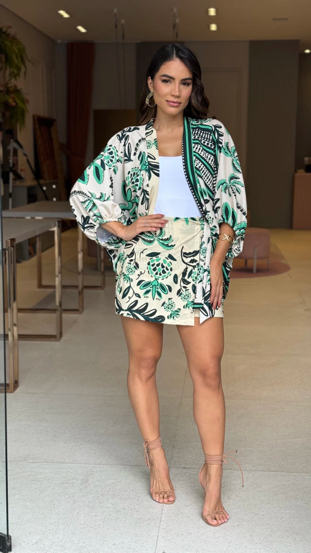 Conjunto Kimono Estampado Verde